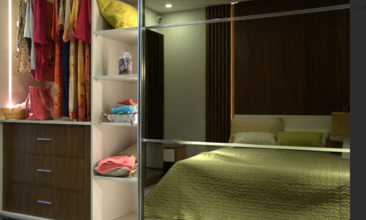 Modern wardrobe with mirrored sliding doors and open shelving for storage in India