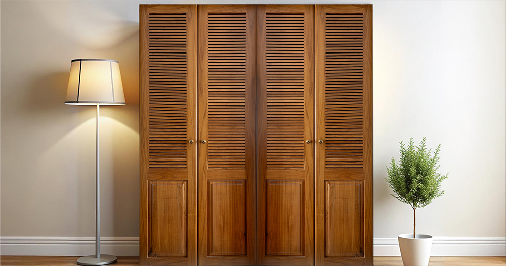 Wood louvered wardrobe with slatted design for style and ventilation.