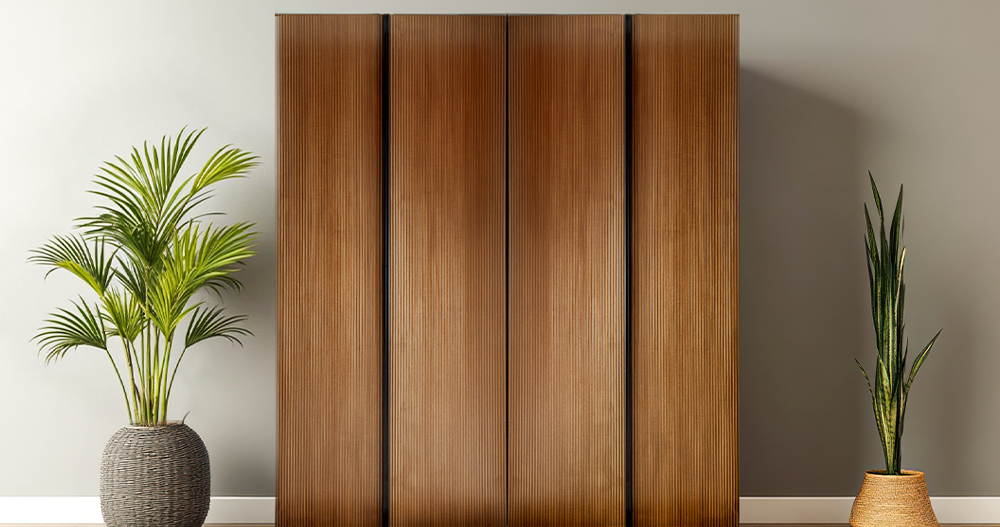 Fluted wardrobe with vertical grooves in a modern bedroom interior