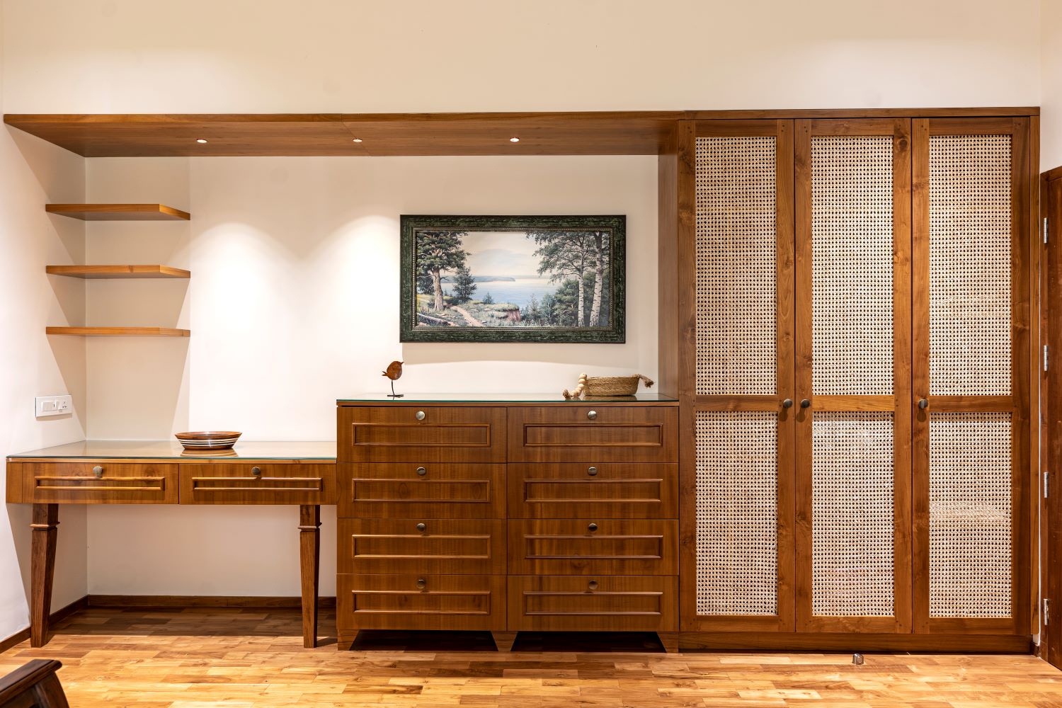 Rattan or cane wardrobe with warm, woven, and natural design.