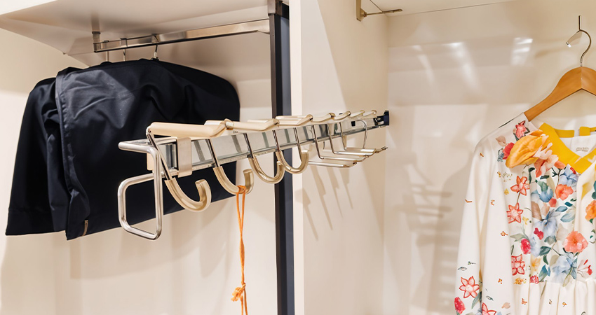 Wardrobe accessories for organized storage and efficient space including handles and sleek fittings.