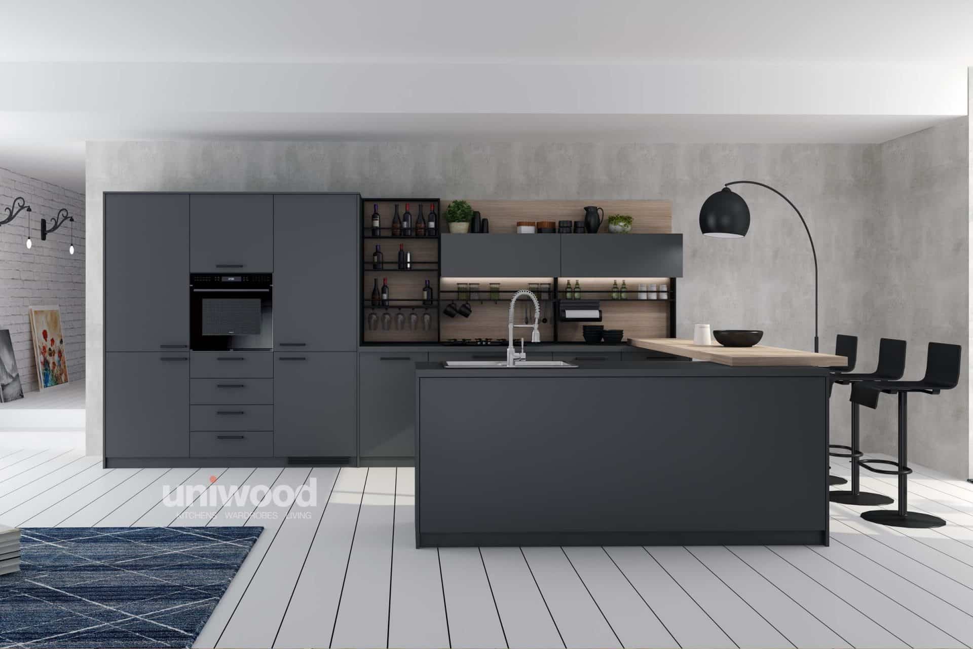 Anti-Finger Print Grey Laminate Island Kitchen Uniwood