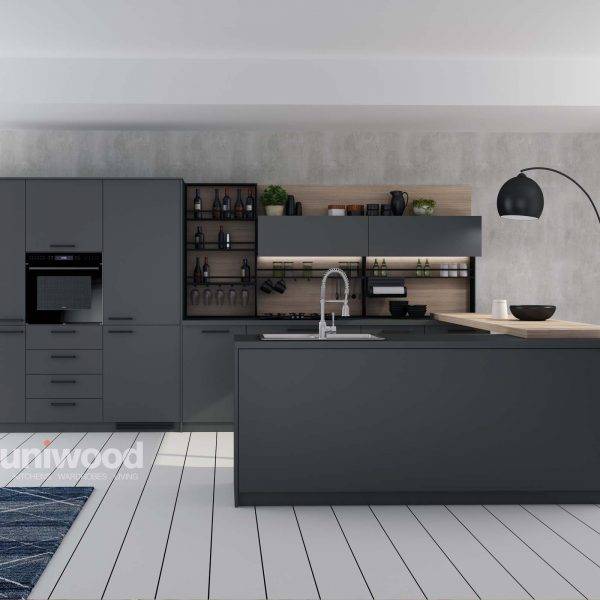 Anti-Finger Print Grey Laminate Island Kitchen Uniwood