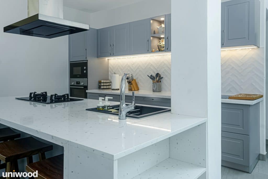 Experience the warmth of modern elegance with our wooden kitchen design